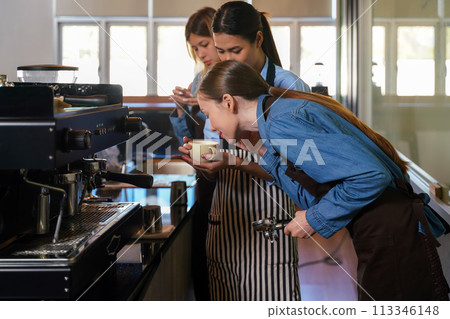 Group young woman people leaning and education workshop for classes barista coffee in cafe room.   113346148