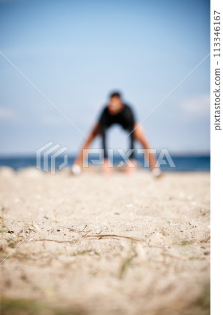 Runner, blur and stretching with ocean on beach for fitness in health with nature for training. Sand, running and exercise with workout for performance with cardio in sports, healthy and athlete Runner, blur and stretching with ocean on beach for fitness in health with nature for training. Sand, running and exercise with workout for performance with cardio in sports, healthy and athlete 113346167