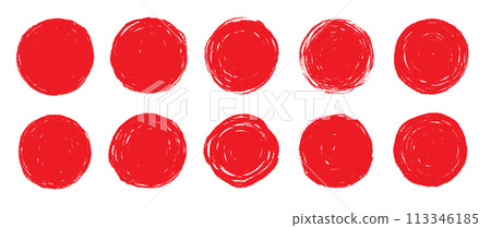 Brush red stroke circle japan sun frame. Hand drawn rough scribble texture effect red circle. Grunge crayon japanese flag stamp. Pencil, marker stroke paint. Vector Brush red stroke circle japan sun frame. Hand drawn rough scribble texture effect red circle. Grunge crayon japanese flag stamp. Pencil, marker stroke paint. Vector 113346185