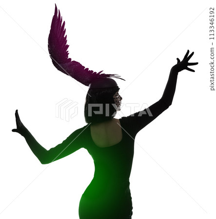 Woman, feather and head for fashion in studio for fantasy or magic with unique creativity for art or illusion. Female person, isolated and white background for designer clothes, diva and surreal 113346192