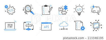 Software code icon doodle set. Hand drawn line sketch software coding doodle. Computer program build technology, data operate, application product test icon. Program build vector Software code icon doodle set. Hand drawn line sketch software coding doodle. Computer program build technology, data operate, application product test icon. Program build vector 113346195