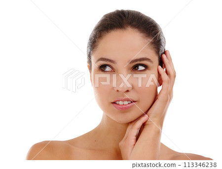 Woman, touch and smooth skin in studio, cosmetics and skincare for beauty on white background. Female person, mockup space and satisfaction for facial treatment, dermatology and confident for glow Woman, touch and smooth skin in studio, cosmetics and skincare for beauty on white background. Female person, mockup space and satisfaction for facial treatment, dermatology and confident for glow 113346238