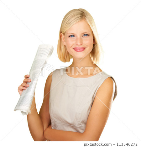 Newspaper, business and portrait of woman on a white background for reading, information and news. Paper, newsletter and isolated person with literature for knowledge, learning and article in studio 113346272