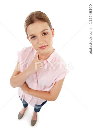 Female student, thinking and portrait in studio with mind, strategy and idea for school. Woman, vision and plan or doubt for scholarship or university on isolated white background with mockup or pov Female student, thinking and portrait in studio with mind, strategy and idea for school. Woman, vision and plan or doubt for scholarship or university on isolated white background with mockup or pov 113346300