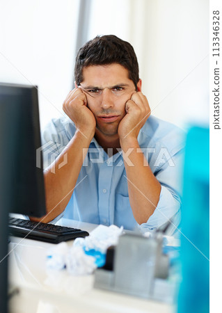 Computer, portrait or bored businessman in office for financial crisis, stress or frustrated by 404 error. Angry, face or tired male employee with brain fog, tax mistake or boring job with irritation Computer, portrait or bored businessman in office for financial crisis, stress or frustrated by 404 error. Angry, face or tired male employee with brain fog, tax mistake or boring job with irritation 113346328