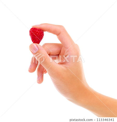Hand, raspberry and healthy food for nutrition, wellness and weight loss with ingredient isolated on white background. Person with fruit, sweet or sour with diet, red berries for detox and vegan Hand, raspberry and healthy food for nutrition, wellness and weight loss with ingredient isolated on white background. Person with fruit, sweet or sour with diet, red berries for detox and vegan 113346341