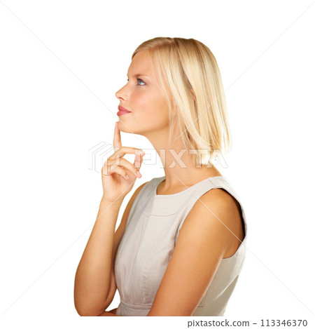 Thinking, ideas and business woman in studio for human resources solution, vision or inspiration on a white background. Professional person or model looking up for brainstorming, planning or question Thinking, ideas and business woman in studio for human resources solution, vision or inspiration on a white background. Professional person or model looking up for brainstorming, planning or question 113346370