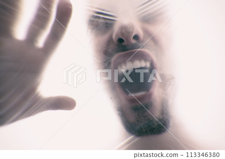 Man, plastic and bag with suffocating, gasping and struggle for breath in white background. Male person, expression and choking in crisis for awareness, help and anxiety in mental health or wellness 113346380