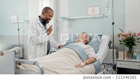 Consultation, healthcare and doctor with senior man in hospital after surgery, treatment or procedure. Discussion, checkup and African male medical worker talk to patient in clinic bed for diagnosis. 113346381
