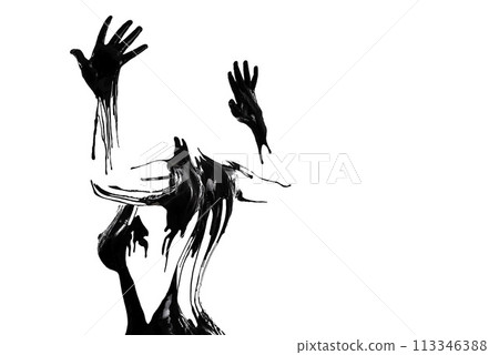 Studio, figure and paint on body of woman and outline of breast, hands or human silhouette in white background. Creative, painting or texture of black ink in art or abstract character in mockup space Studio, figure and paint on body of woman and outline of breast, hands or human silhouette in white background. Creative, painting or texture of black ink in art or abstract character in mockup space 113346388