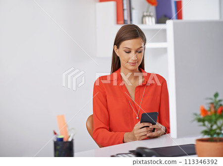 Woman, smartphone and contact at desk for communication, social media and browsing on break at startup. Reading email, chat and using phone for mobile app, connectivity and network at the office 113346392