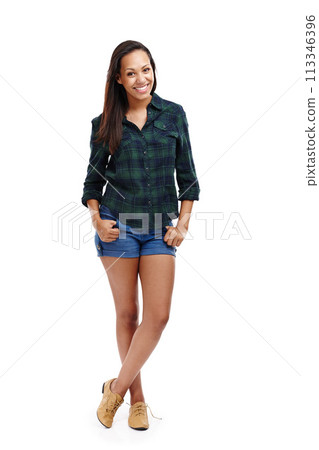 Portrait, female and fashion with checkered shirt style for design of creative marketing appreciation. Happy, person and confident in stylish, retro and clothes on isolated white studio background 113346396