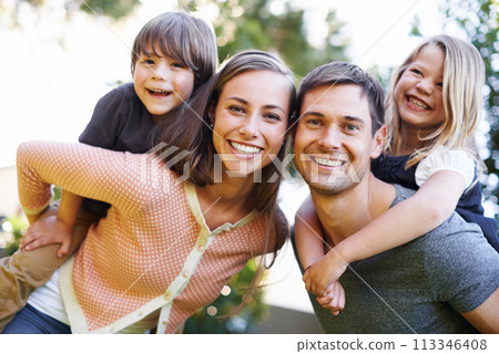 Portrait, smile and family outdoor in nature for love, bonding and piggyback for siblings together. Face, happy parents and carrying kids at garden for connection with mother, father and children 113346408