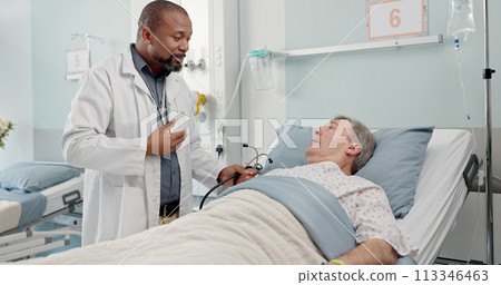 Medical stethoscope and doctor with patient in hospital after surgery, treatment or procedure. Discussion, checkup and African male healthcare worker talk to senior man in clinic bed for diagnosis. 113346463