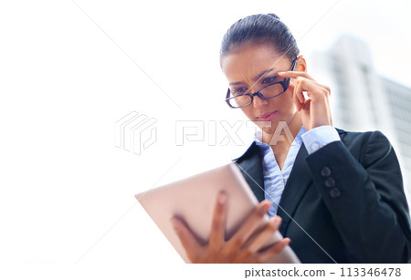 City, business and woman with tablet, glasses and website info with digital app and entrepreneur. Urban town, finance and professional with tech and online reading with connection, broker and eyewear 113346478