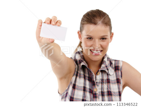 Business card, mockup and portrait of woman in studio with mockup for news, advertising or info on white background. Paper, space and face of female model with hiring promo, offer or recruitment deal 113346522