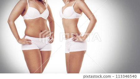 Transformation, lose weight and woman on a white background for diet, detox and wellness. Health, before after and stomach of isolated person in underwear for workout, exercise and fitness in studio Transformation, lose weight and woman on a white background for diet, detox and wellness. Health, before after and stomach of isolated person in underwear for workout, exercise and fitness in studio 113346540