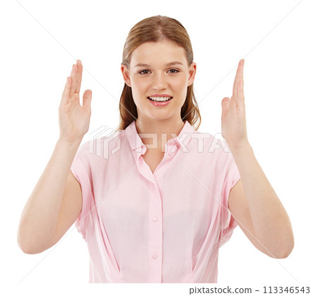 Portrait, studio and big scale shown with hands, isolated and on white background for adverting, review, and marketing. Woman, box shape and large space for announcement, discount and promotion. Portrait, studio and big scale shown with hands, isolated and on white background for adverting, review, and marketing. Woman, box shape and large space for announcement, discount and promotion. 113346543