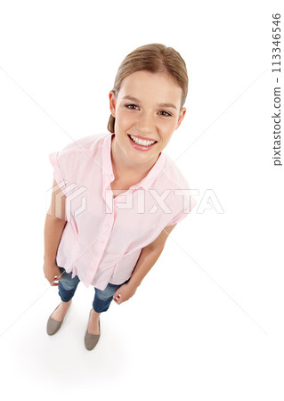 Female student, smile and happy in studio with portrait, confidence and hope for school in Canada. Girl, excited and motivation for education or study on isolated white background with mockup or pov 113346546