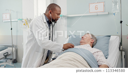 Consultation, healthcare and doctor with senior man in hospital after surgery, treatment or procedure. Discussion, checkup and African male medical worker talk to patient in clinic bed for diagnosis. Consultation, healthcare and doctor with senior man in hospital after surgery, treatment or procedure. Discussion, checkup and African male medical worker talk to patient in clinic bed for diagnosis. 113346580