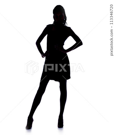 Silhouette, woman and confidence in studio in fashion dress, pride and heels for glamour by white background. Model, person and hands on hips in mock up for art deco, dark shadow and elegant figure 113346720