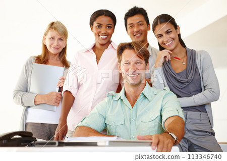 Business people, portrait and smile for teamwork in office, diversity and together in solidarity at work. HR team, happy and face for collaboration of staff and recruitment for onboarding project 113346740