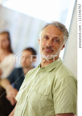 Senior, man and pride with portrait for relax in home for retirement, holiday and vacation with confidence. Mature person, face and smile for family getaway with beard, house and casual outfit 113346767
