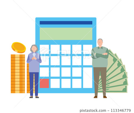 Illustration of elderly men and women and money 113346779