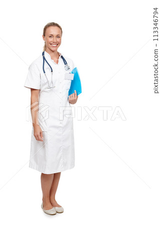 Portrait, clinical nurse and happy with folder for patient, information and records for medical, diagnosis and treatment. Female person, medic and stethoscope for healthcare, nursing and medicine 113346794