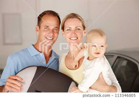 Couple, child and portrait with home, family love and smile or happiness for domestic. Father, mother and kid in house, garage and car for travel with parenting relationship and childhood bonding Couple, child and portrait with home, family love and smile or happiness for domestic. Father, mother and kid in house, garage and car for travel with parenting relationship and childhood bonding 113346805