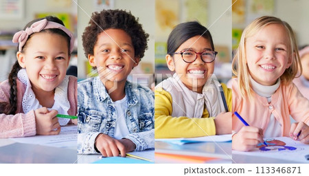 Kids, collage and portrait with diversity at school for work in education, students and child development. Pupils, notebook and composition for learning or lesson in literacy, writing for happiness 113346871
