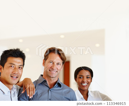 Portrait, business people and diversity for teamwork in office with smile, friendship and happy. Global group, employees and professional in workplace for company with solidarity, support and work 113346915