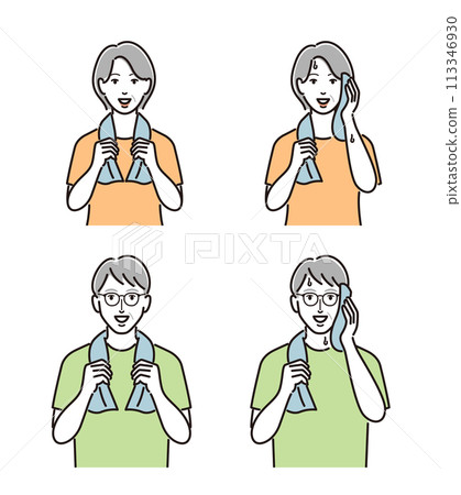 脖子上掛著毛巾的老年男女 113346930