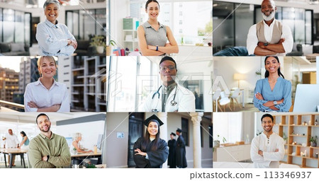 Crossed arms, collage and portrait of people for career, graduation and professional success. Diversity, montage and men and women in city, office and university for business, achievement and pride Crossed arms, collage and portrait of people for career, graduation and professional success. Diversity, montage and men and women in city, office and university for business, achievement and pride 113346937