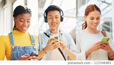 Happy, communication and people with phone for social media, internet or technology streaming. Smile, global and diversity of friends reading news on a mobile for a chat, information or the web Happy, communication and people with phone for social media, internet or technology streaming. Smile, global and diversity of friends reading news on a mobile for a chat, information or the web 113346965