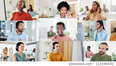 Call center, collage and people in office for customer service, consulting and telemarketing company. Communication, diversity and men and woman talking for advice, help and CRM support on mosaic 113346970