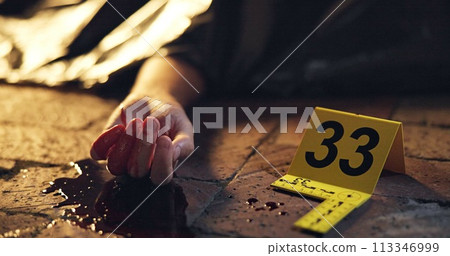 Crime scene, dead body and accident at night in street with police sign and cover with and emergency siren. Death, person or murder or yellow cone in road with lights or blood with accident or corpse 113346999