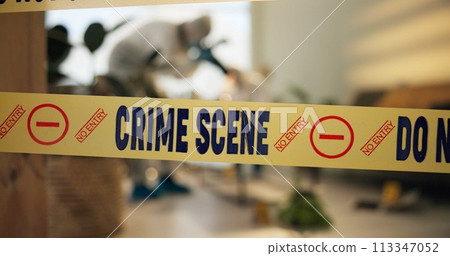 Crime scene tape, photography and people in house for evidence, investigation and inspection. Law enforcement, forensic analysis and police team take pictures in apartment of victim, murder or search 113347052