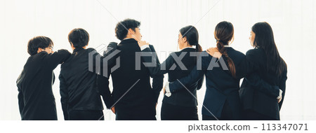 Panoramic banner back view of office worker team standing in line. Shrewd 113347071