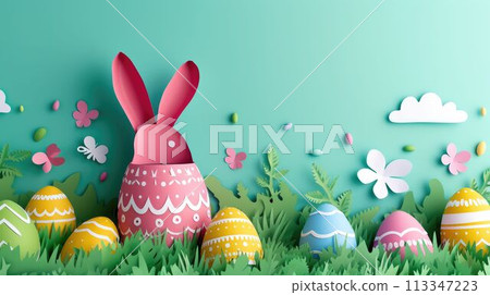 A paper cut bunny surrounded by flowers, eggs, and grass in a natural landscape AIG42E 113347223