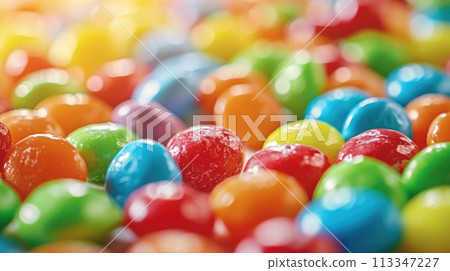 A close up view of various colourful sweet like candy, sugar, and jelly. AIGX01. 113347227