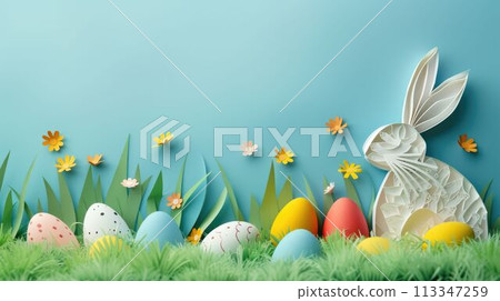 A paper cut bunny surrounded by flowers, eggs, and grass in a natural landscape AIG42E A paper cut bunny surrounded by flowers, eggs, and grass in a natural landscape AIG42E 113347259