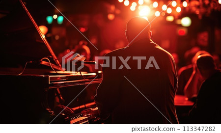 An evening at a jazz club, musicians in mid-performance,. Resplendent. An evening at a jazz club, musicians in mid-performance,. Resplendent. 113347282
