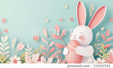 Rabbit holding egg and flower in creative arts display at Easter event AIG42E 113347332