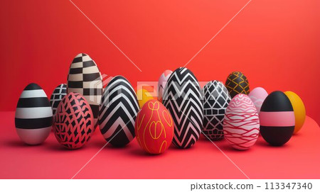 Colorful Easter eggs on red background, vibrant hues and patterns, closeup view AIG42E Colorful Easter eggs on red background, vibrant hues and patterns, closeup view AIG42E 113347340
