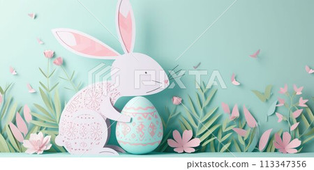 Rabbit holding egg and flower in creative arts display at Easter event AIG42E Rabbit holding egg and flower in creative arts display at Easter event AIG42E 113347356