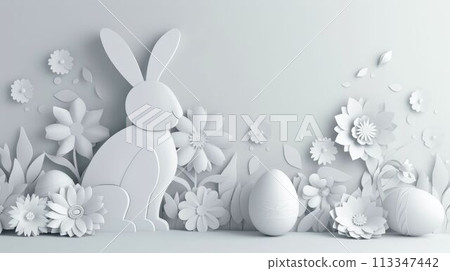 Paper cut rabbit with eggs and flowers on backdrop AIG42E 113347442