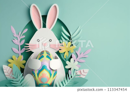 Rabbit holding egg and flower in creative arts display at Easter event AIG42E Rabbit holding egg and flower in creative arts display at Easter event AIG42E 113347454