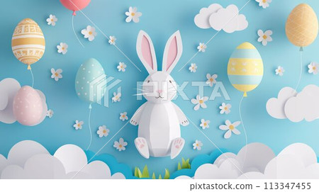 A paper rabbit surrounded by eggs, clouds, flowers, and balloons AIG42E 113347455