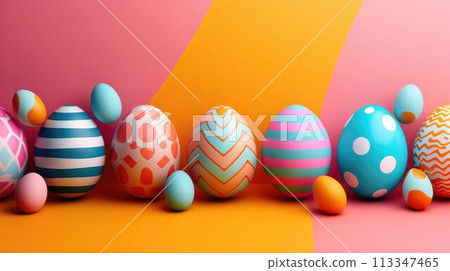 Colorful Easter eggs on red background, vibrant hues and patterns, closeup view AIG42E 113347465